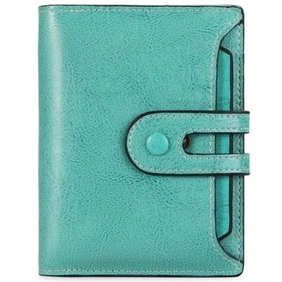 New Small Wallet RFID Blocking Bifold Genuine Leather Turquoise - Picture 1 of 10